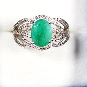 Emerald and White Zircon fancy openwork ring in Rhodium over 925 SS 2.08ct sz 8